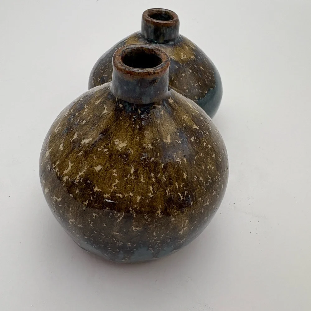 Set of Two Joined Pottery Bud  Vases in Blue and Brown -Makers Mark